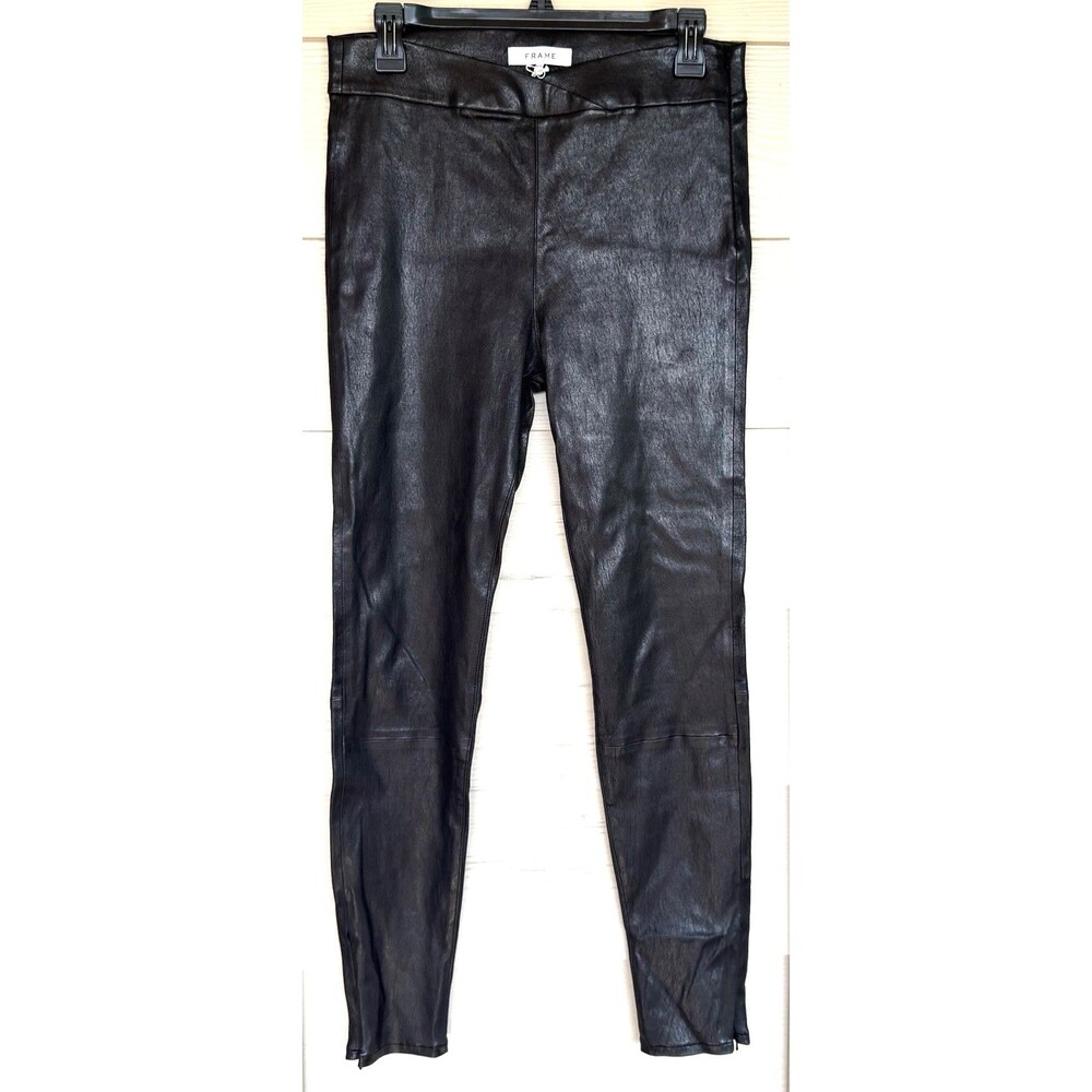 FRAME Overlap Waist Leather Pants Womens M Black Lambskin Skinny NWT $810